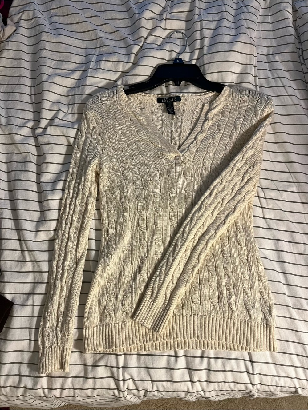Lauren Ralph Lauren Ivory Cable-Knit V-Neck Sweater